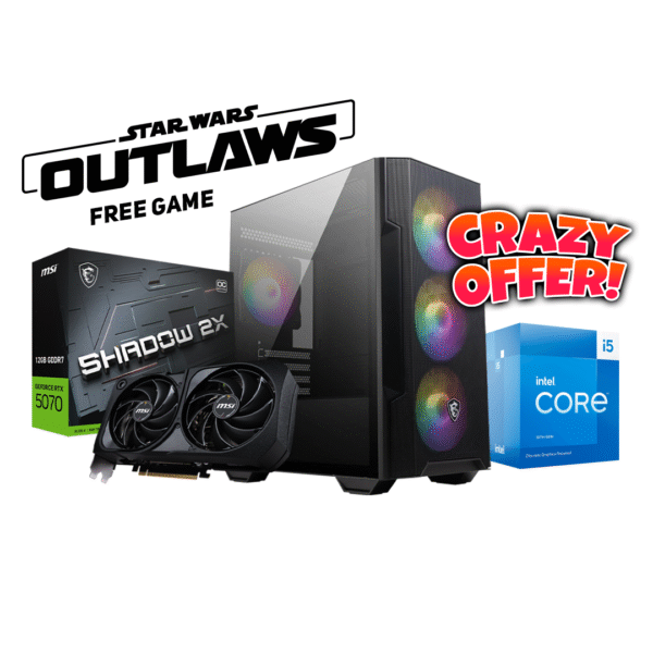RTX 5070 12G SHADOW 2X OC, INTEL I5 13400F, TOWER COOLER RGB CPU COOER, B760M-K-V2, 16 GB DDR4, MSI MAG FORGE M100R GAMING CASE, M480 PRO 1 TB GEN 4, 700W 80+ RGB