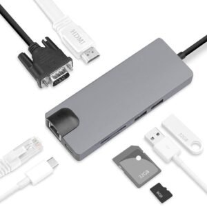 Type-C to HDMI 8 in 1 Adapter, Store Data Up To 5Gbp/s Speed, USB C to RJ45 Gigabit Ethernet LAN, Gray