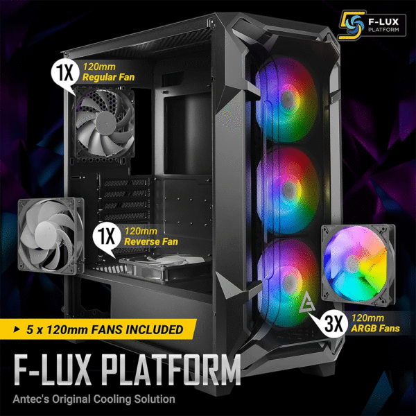 Antec Dark League DF600 Flux, Mid-Tower ATX Gaming Case, Flux Platform, 5 x 120mm Fans Included, ARGB & PWM Fan Controller, Tempered Glass Side Panel, 2 x USB3.0, High-End GPU Support - Image 2