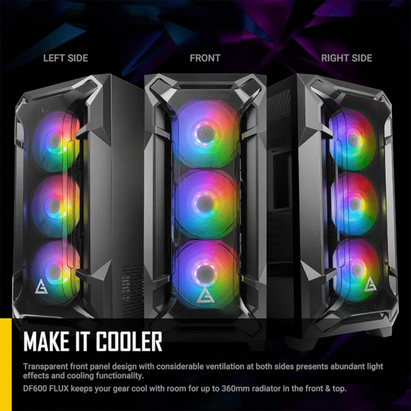 Antec Dark League DF600 Flux, Mid-Tower ATX Gaming Case, Flux Platform, 5 x 120mm Fans Included, ARGB & PWM Fan Controller, Tempered Glass Side Panel, 2 x USB3.0, High-End GPU Support - Image 3