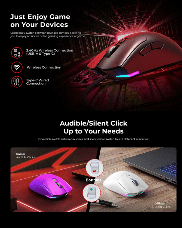 Havit MS966WB Quad-mode Wireles Gaming Mouse ( Wired+2.4GHz-USB+2.4G-Type-C+BT5.2 ) - Image 6