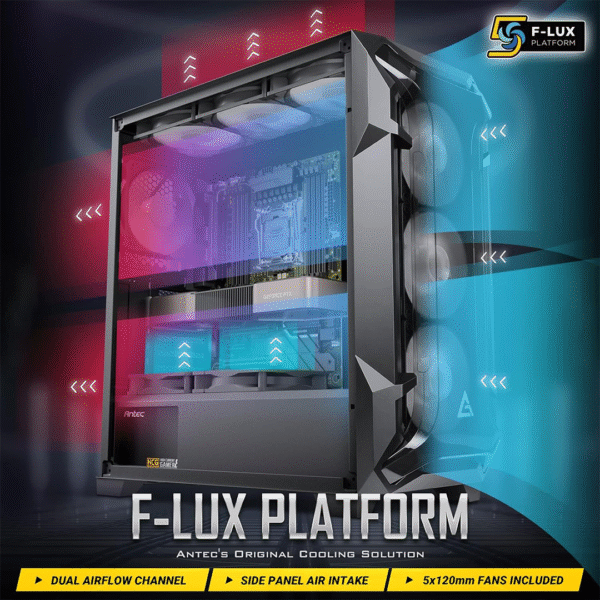 Antec Dark League DF600 Flux, Mid-Tower ATX Gaming Case, Flux Platform, 5 x 120mm Fans Included, ARGB & PWM Fan Controller, Tempered Glass Side Panel, 2 x USB3.0, High-End GPU Support - Image 5
