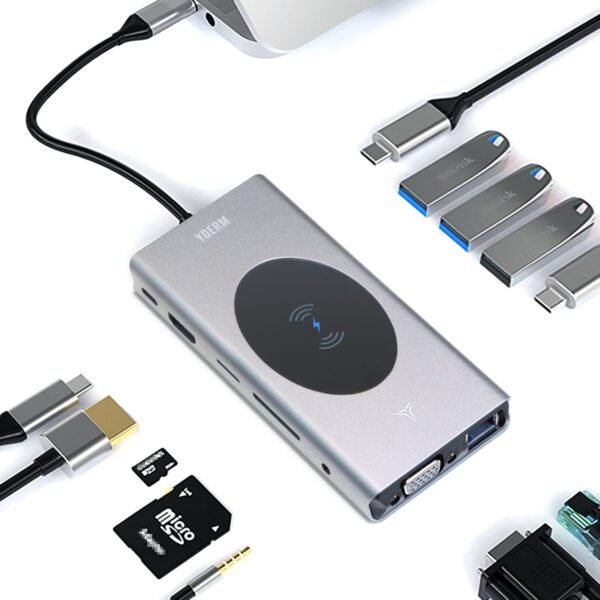 Docking Station USB C Hub 13-in-1 with Wireless Charging Station, USB C to HDMI, Ethernet, VGA, 5 USB and SD/TF, 100W PD, 3.5mm Audio