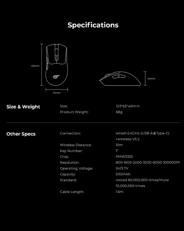 Havit MS966WB Quad-mode Wireles Gaming Mouse ( Wired+2.4GHz-USB+2.4G-Type-C+BT5.2 ) - Image 8