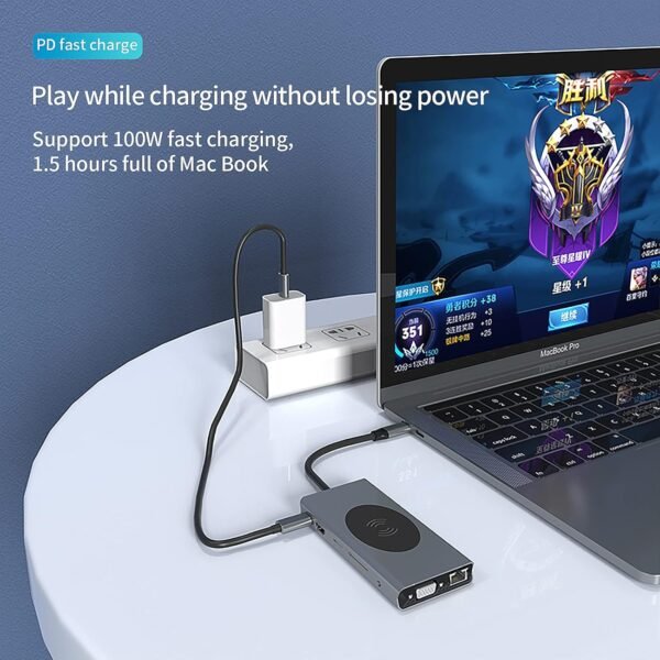 Docking Station USB C Hub 13-in-1 with Wireless Charging Station, USB C to HDMI, Ethernet, VGA, 5 USB and SD/TF, 100W PD, 3.5mm Audio - Image 3